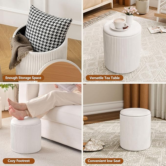 Ottoman with Storage Set of 2, Velvet Storage Ottoman, Upholstered Sponge Vanity Stool Support 300lbs, Multifunctional Coffee Table Foot Rest Ottomans for Living Room Bedroom, White