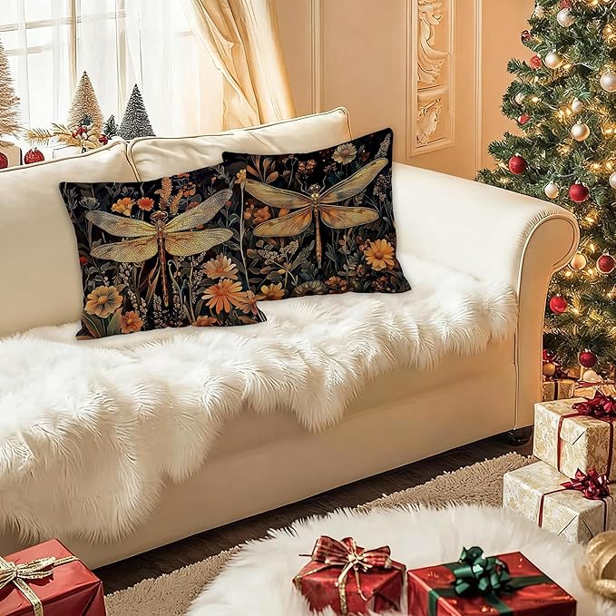 Vintage William Morris Inspired Dragonfly Pillow Covers 18x18, Dark Cottagecore Botanical Wildflower Decorative Throw Pillow Covers for Bedroom Living Room Home, Cottagecore Room Decor