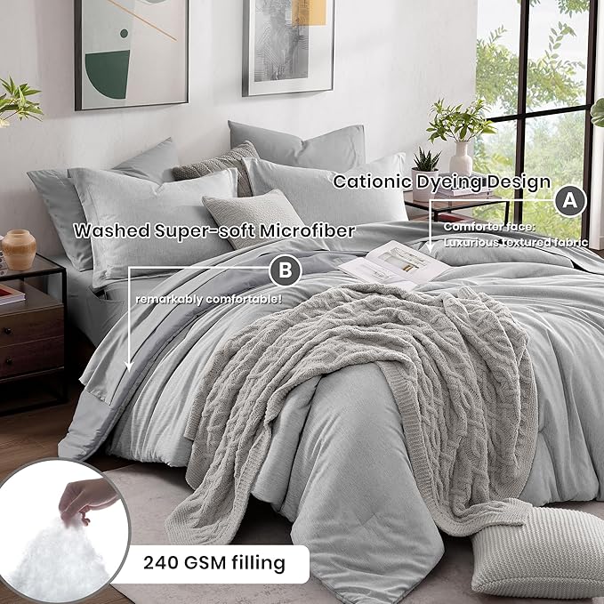 Monbix Queen Comforter Set - 7 Pieces Cationic Dyeing Light Grey Bed in a Bag Queen Bedding Sets with Comforter, Sheets, Pillowcases & Shams, Reversible Bedding Comforters Sets