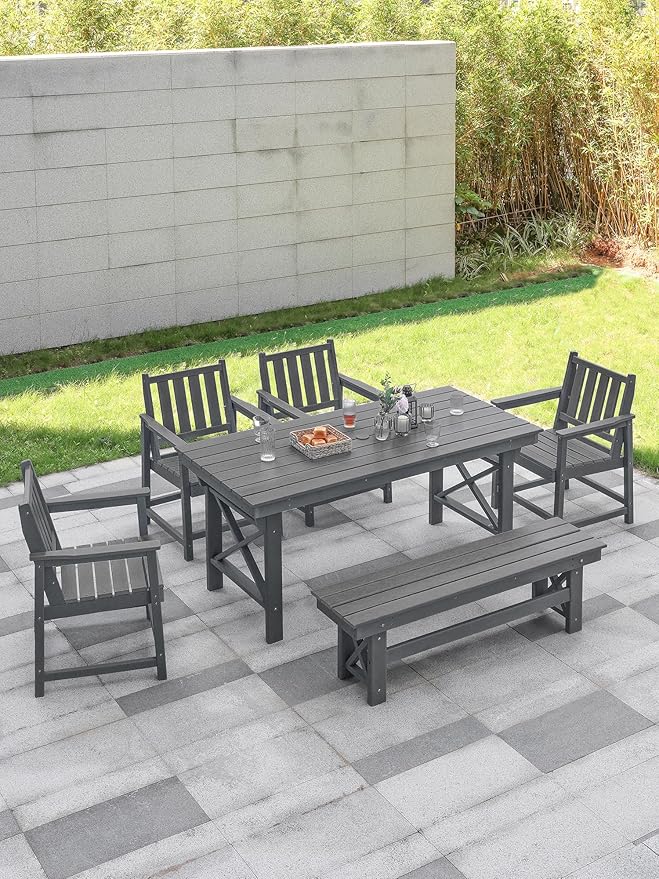 HDPE Outdoor Dining Set of 6, Patio Dining Table Set with 4 Chairs and 1 Bench, 6 Pieces HDPE Dining Set with Umbrella Hole, Outdoor Furniture Sets for Deck, Poolside, Garden, Smoke Gray