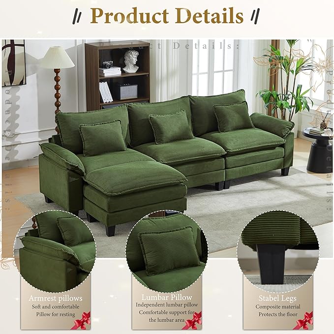URRED Modular Sectional Sofa Comfy Cloud Couch, Modern Corduroy Sofa Sleeper Deep Seat Couches with Ottoman/Pillows for Living Room (Green, 117''- L Shape)