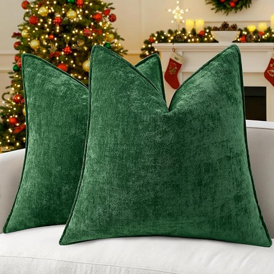 decorUhome Christmas Couch Throw Pillow Covers 16x16 Set of 2, Decorative Soft Euro Neutral Chenille Pillow Covers with Elegant Design for Sofa Bed Living Room Home Decor, Green