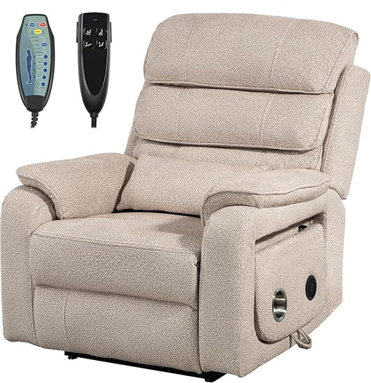 Power Lift Recliner Chair for Adults Elderly Lay Flat Velvet Recliners with Massage Heating, Extended Footrest, Wireless Charging Device, USB Ports, Cup Holder, Lumbar Pillow