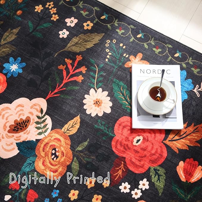 Door Mat Indoor Entrance 2x3 Rug Machine Washable Boho Floral Small Area Rug Non-Slip Low Pile Throw Rugs for Entryway, Kitchen, Front Door Indoor Entrance, Entry, Kids Room (Black)