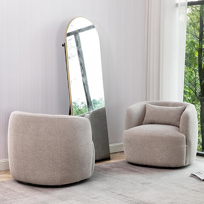 KINWELL 34" Wide Boucle Swivel Barrel Chairs Set of 2, No Assembly Round Upholstered Armchairs Accent Chairs Single Sofa Chair with Toss Pillow for Living Room and Bedroom, Taupe