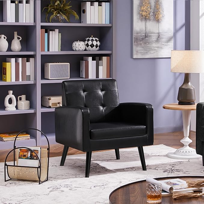 Yaheetech Mid-Century Accent Chairs, PU Leather Modern Upholstered Living Room Chair, Cozy Armchair Button Tufted Back and Wood Legs for Bedroom/Office/Cafe Black 2PCS