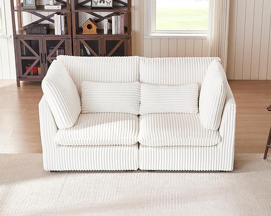 Oversized Modular Sofa, Extra Deep Cloud Corduroy Sectional Couch with Ottoman Chaise, Fluffy Corduroy 2 Seater Sofa Bed for Living Room, Villa (Loveseat Sofa, Corduroy White)