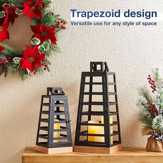 Glitzhome Set of 2 Modern Trapezoid Metal/Wood Decorative Lanterns,Large Candle Lanterns for Living Room,Home,Indoor, Outdoor,Table,Fireplace Mantle Decor -Black(No Glass)