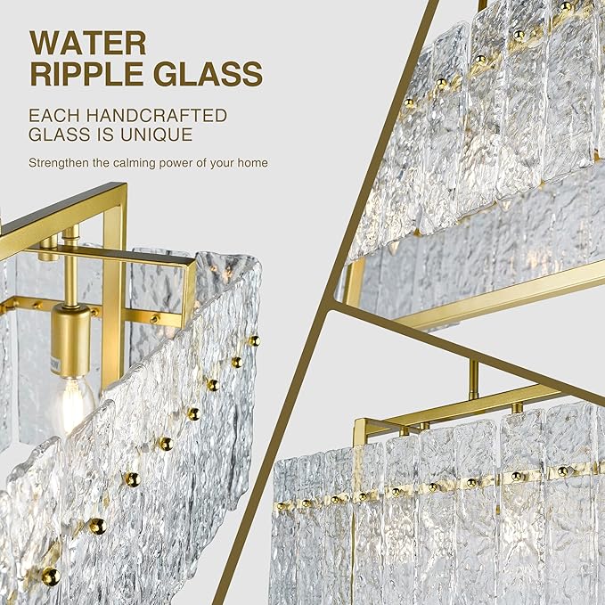 IKK Modern Gold Rectangle Chandeliers for Dining Room, Crystal Water Ripple Light Fixture, Elegant Farmhouse Linear Lighting for Kitchen Island, Bar Table, L33 x W9 x H12