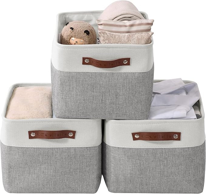 DECOMOMO Storage Bins Fabric Storage Baskets for Shelves, Linen Closet Organization Toys Nursery (Grey and White, Large - 3 Pack)