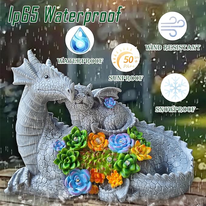Solar Dragon Statue with LED Lights, Dargon Lover Gifts with Succulent and 6 LED Lights for Outdoor,Solar Dragon Decor for Yard, Garden and Patio, Unique Garden Statue for Mom Grandma