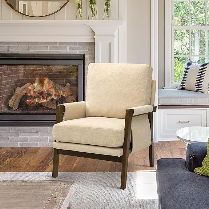 Modern Accent Chair for Living Room Mid Century Arm Chair Upholstered Bedroom Chair Comfy Lounge Chair with Solid Wood Frame, Beige