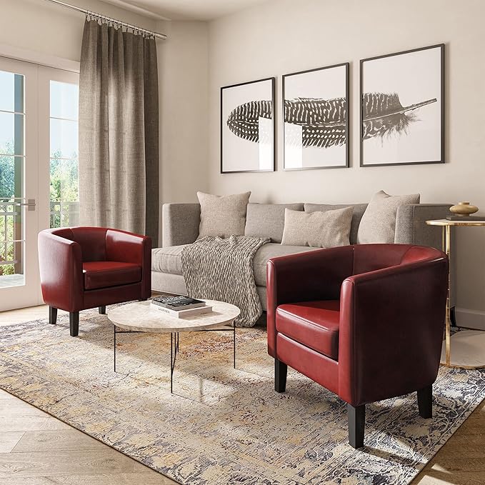 BELLEZE Accent Barrel Chair, Linen Round Chair Club Tub Sofa Corner Chair with Flared Legs and Cozy Soft Padding for Living Room Bedroom Waiting Room - Red