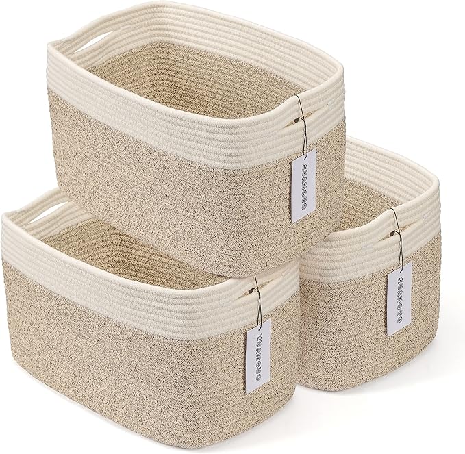Cotton Rope storage Basket Bins Woven Basket for Organizing Shelves Rectangle Decorative Baskets For storage Clothes Toys Books Towels Square Wicker Nursery basket organizer 3 pack white and brown
