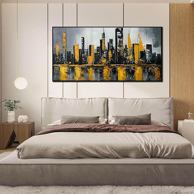 New York City Wall Art for Living Room - Hand Painted Canvas Wall Art for Office - Big Picture Frames for Wall Size 29" x 59"