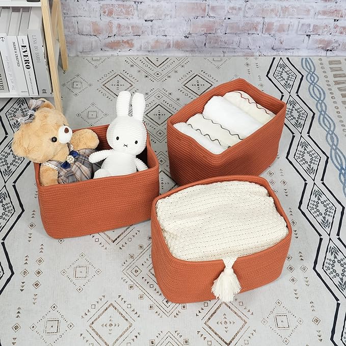 Cotton Rope storage Basket Bins Woven Basket for Organizing Shelves Rectangle Decorative Baskets For storage Clothes Toys Books Towels Square Wicker Nursery basket organizer 3 pack Rust