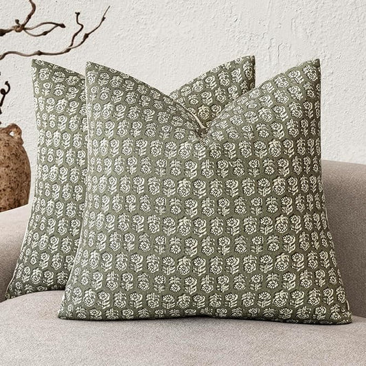 Foindtower Set of 2 Decorative Neutral Floral Print Throw Pillow Covers Vintage Accent Farmhouse Cushion Covers Boho Home Decor for Sofa Couch Chair Bedroom Living Room,20×20 Inch,Sage Green