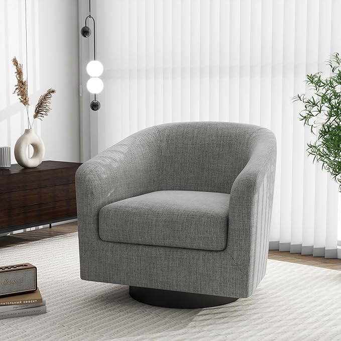 Swivel Barrel Accent Chair Set of 2, Modern Round Linen Arm Chair for Living Room, Bedroom, Comfy Club Reading Chairs for Adults-Linen Fabric Light Grey