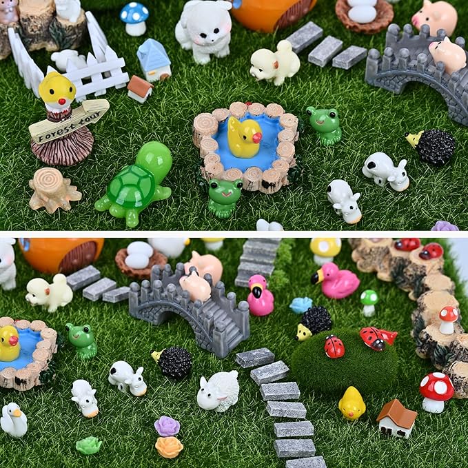 120 Pcs Fairy Garden Accessories, Micro Landscape Ornaments Kit, Mini Resin Animals with Fairy Tiny House for Home Outdoor and Plant House Decor
