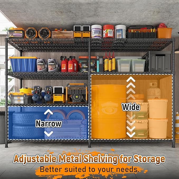 REIBII 81.5''W Storage Shelves 3680LBS Garage Shelving Heavy Duty 4 Tier Metal Shelving Unit Adjustable Wire Shelf and Storage Pantry Shelves for Kitchen Garage, 81.5Wx23.62Dx70.86H，Black, 2PCS
