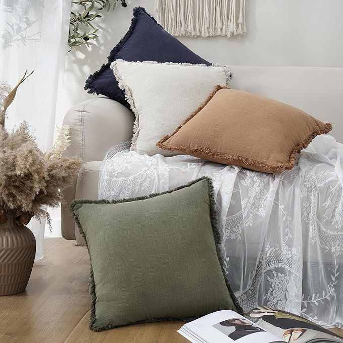 Foindtower Decorative Linen Fringe Throw Pillow Covers Cozy Boho Farmhouse Cushion Cover with Tassel Soft Accent Pillowcase for Chair Sofa Bed Living Room Home Decor, 18×18 Inch, 1PC, Olive Green