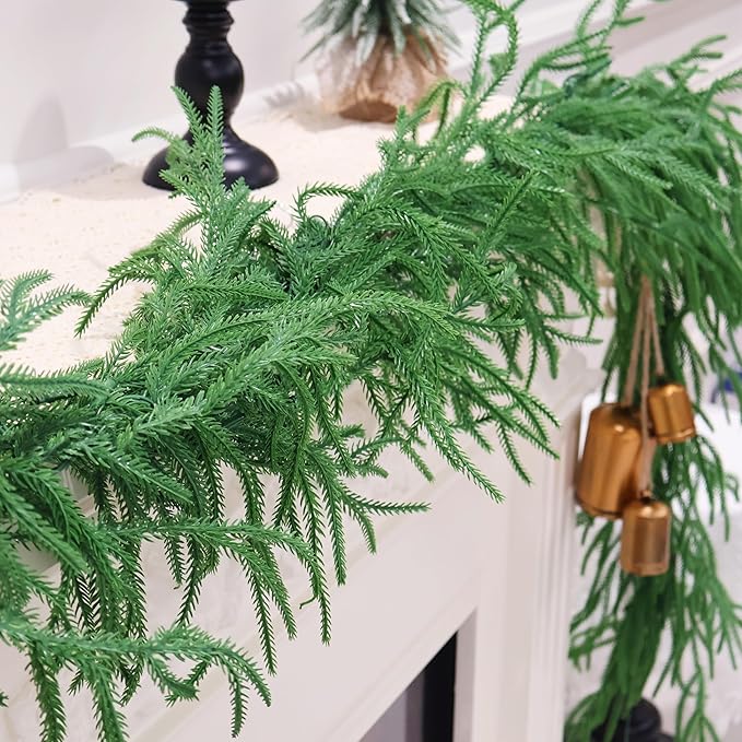 2PCS 9FT Christmas Garland Norfolk Pine Garland Real Touch Artificial Greenery Garland for Mantle Fireplace Table Indoor Outdoor Decor (Normal)