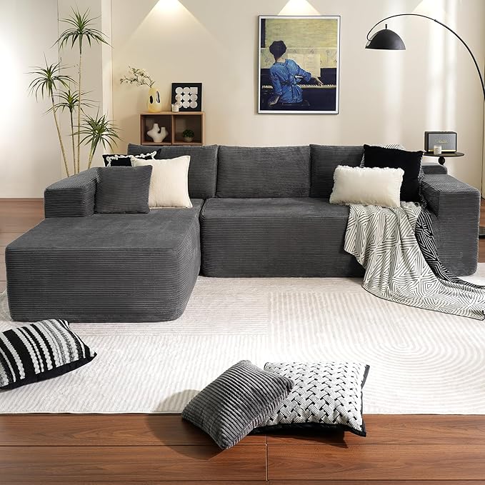 ovios 104" Cloud Sectional Couch with L-Shape Chaise,Modern Modular Sofa with Deep Seat, Upholstered Couches for Living Room Bedroom,No Assembly Required, Grey (Corduroy Fabric)