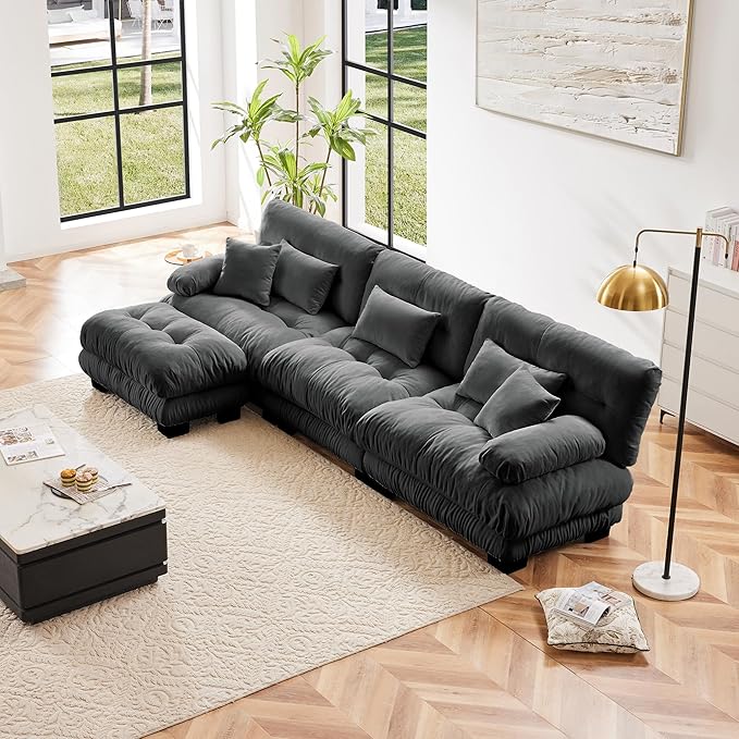 L Shaped Couch Sectional Couch, 3-Seater Cloud Couch Sectional Oversized Couch, Sofa Bed Couch with Round Bolster Armrests 5 Pillows, Modular Couch Home Sofa Living Room Couch(Gray)
