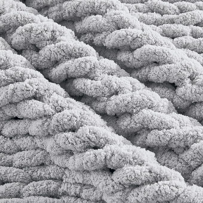Carriediosa Chunky Knit Throw Blanket 50" X 60", 100% Hand Made Large Chenille Loop Yarn Soft Fluffy Throws for Couch Sofa Bed, Big Crochet Cozy Heavy Thick Cable Woven Blanket, Grey
