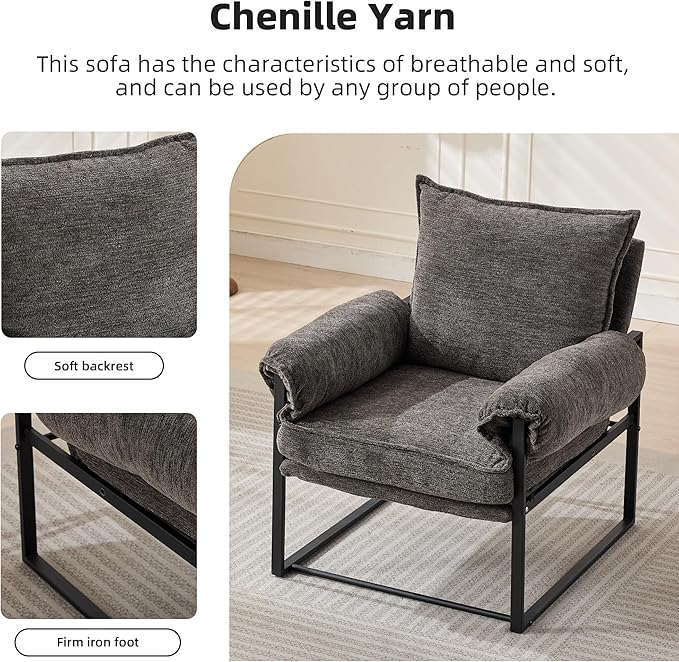 YISHENG Accent Chair with 6-Angle Adjustable Backrest, Chenille Fabric Living Room Chair Upholstered Lounge Chair, Modern Chair Cozy Reclining Chair for Reading Room, Set of 2 Gray