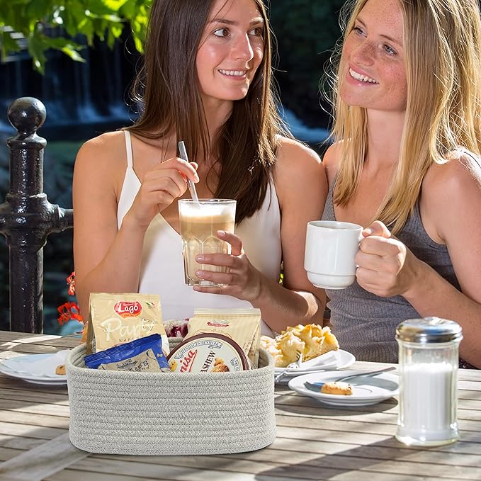 Small Woven Storage Baskets 12“X8”X5“ Decorative Rope Bins for Organizing Shelves, Closets, and Toys, Empty Gift Baskets, Cute Organizer Basket for Home and Office (grey, regular)