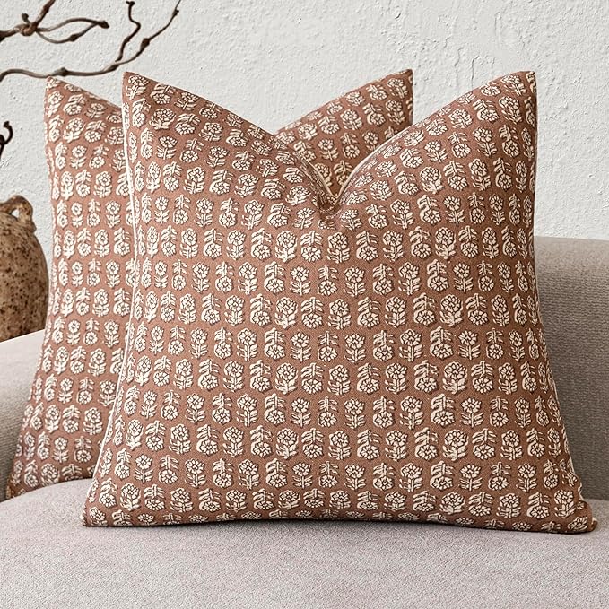 Foindtower Set of 2 Decorative Vintage Floral Print Throw Pillow Covers Neutral Farmhouse Cushion Covers Boho Home Decor for Sofa Couch Chair Bedroom Living Room,20×20 Inch,Light Orange Brown