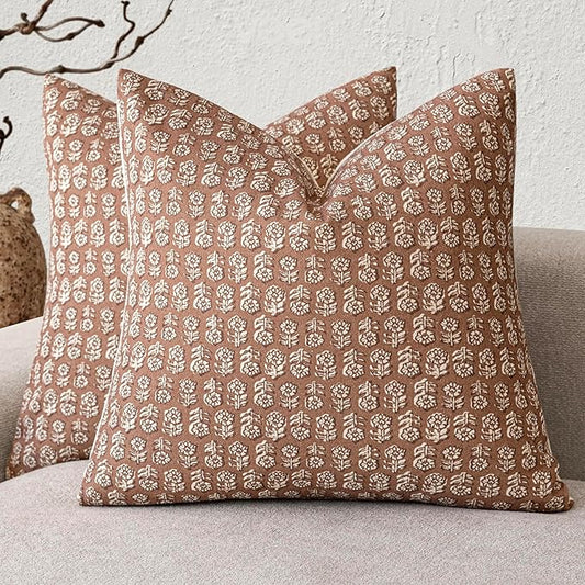 Foindtower Set of 2 Decorative Vintage Floral Print Throw Pillow Covers Neutral Farmhouse Cushion Covers Boho Home Decor for Sofa Couch Chair Bedroom Living Room,20×20 Inch,Light Orange Brown