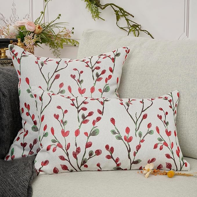 YOUR SMILE Christmas Red Classical Embroidery Jacquard Teal Leaf Pattern Square Decorative Throw Pillow Case Cushion Cover 18 x 18 inch