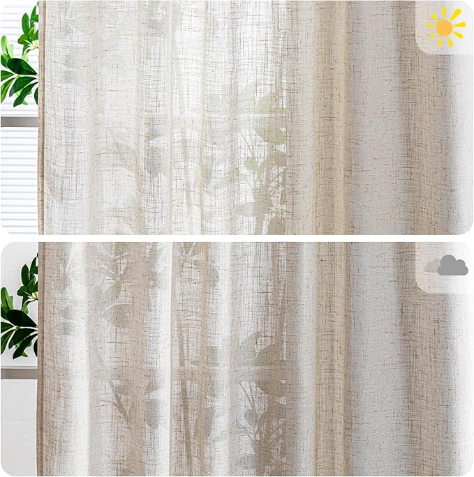 MYSKY HOME Linen Curtains 95 Inches Long for Sliding Glass Door, Farmhouse Semi Sheer Ceiling Curtains Living Room Light Filtering Back Tab Elegant Style Soft Fabric, 100" x 95", Linen, 1 Panel