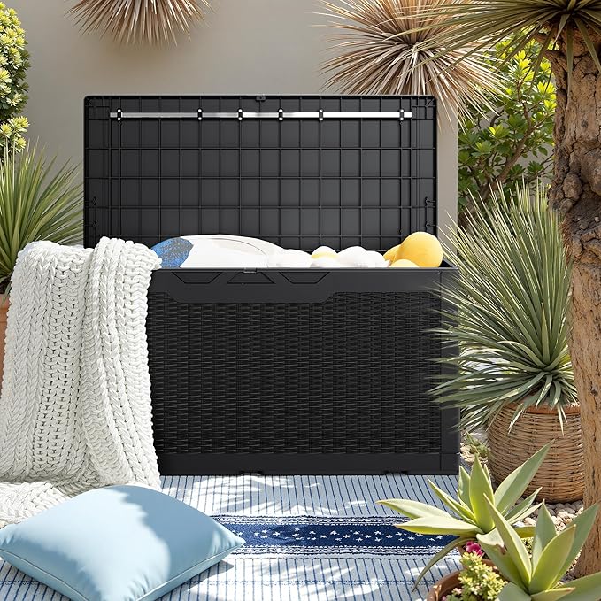 JUMMICO 100 Gallon Resin Deck Box with Cushion, Waterproof Outdoor Storage Box with Lockable Lid for Garden Tools, Patio Cushions (Black)