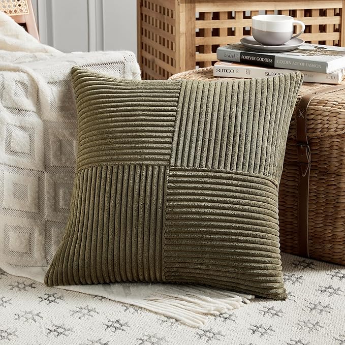 Fancy Homi 2 Packs Olive Green Decorative Throw Pillow Covers 20x20 Inch for Living Room Couch Bed Sofa, Rustic Farmhouse Boho Home Decor, Soft Corss Corduroy Patchwork Accent Cushion Case 50x50 cm