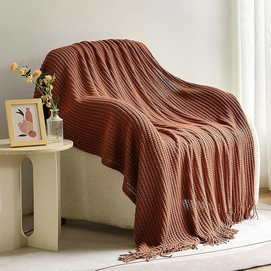Blagic Knitted Throw Blanket for Couch,Soft Farmhouse Boho Fall Throw Blanket with Tassels,Home Decorative Lightweight Throw Blankets, Orange Rust Throws for Bed/Chair/Sofa, 60" W x 80" L