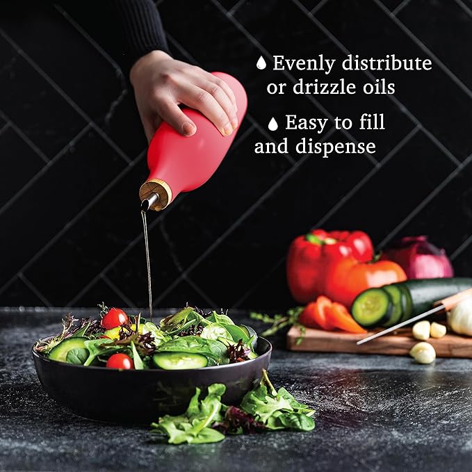 kitchentoolz Olive Oil Stoneware Dispenser Bottle, Ceramic 16 Oz Container for EVOO or Vinegar Kitchen Counter, Red