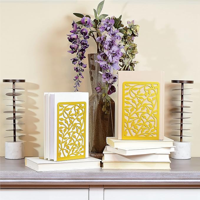 CNK Book Ends Bookends for Decorative Books Holder Bookend Shelves End Hold Heavy Duty Holders Stoppers Metal Stopper Cute Boho Bookshelf Holds Cookbook Office Home Set of 4 Bookends Pair Gold