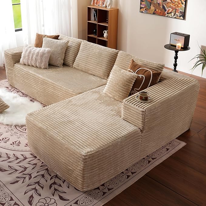 ovios 104" Cloud Sectional Couch with L-Shape Chaise,Modern Modular Sofa with Deep Seat, Upholstered Couches for Living Room Bedroom,No Assembly Required, Beige (Plush Corduroy Fabric)