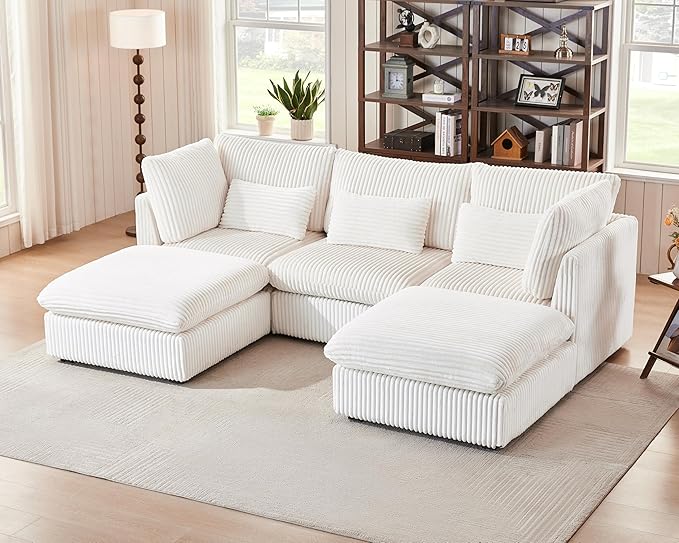 Oversized Modular Sofa, Extra Deep Cloud Corduroy Sectional Couch with Ottoman Chaise, Fluffy Corduroy 5 Seater Sofa Bed for Living Room, Villa (U Shape 5 Seater, Corduroy White)