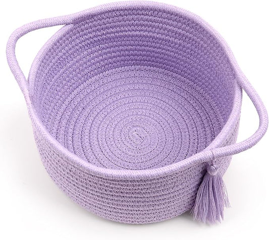 Small Purple Basket, Cute Woven Gift baskets with Cellophane Wrap set for Girl, Decorative Cotton Rope Container Bin, Little Makeup Brushes Holder for Bathroom Counter, Vanity, Cosmetics – lavender