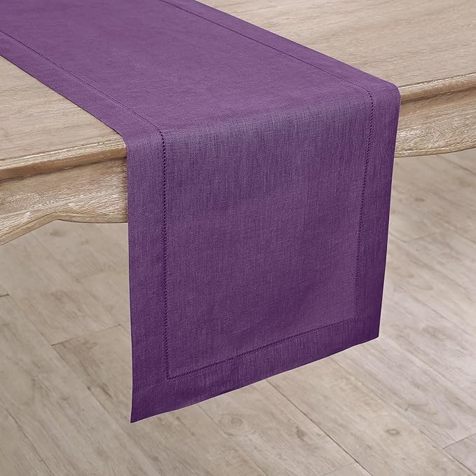 Solino Home Linen Purple Table Runner 72 Inches Long - 100% Pure Linen Hemstitch Table Runner 14 x 72 Inch for Dresser, Dining, Fall, Autumn, Halloween, Thanksgiving - Classic Hemstitch