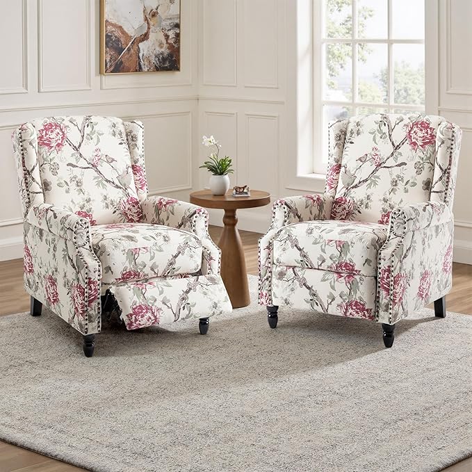 UIXE Recliner Chairs Set of 2, Fabric Armchair Upholstered Pushback Accent Chair for Living Room, Rivet Trim Club Chair Home Theater Single Sofa Bedroom Side Reading Seat - Beige Floral