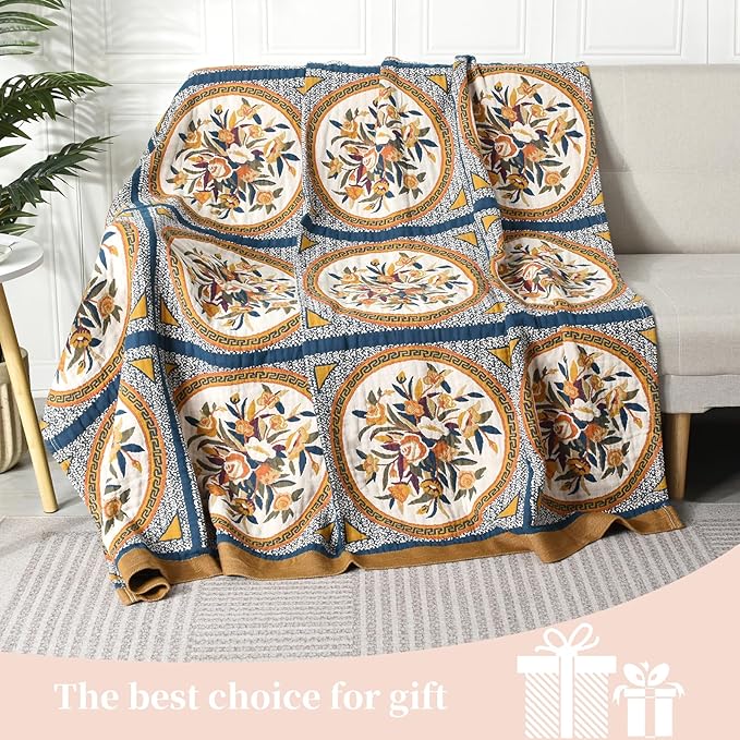 Boho Throw Blanket for Bed - 100% Pure Cotton Ultra Soft Rustic Quilt - Farmhouse Decor Bed Blankets, All Season Rustic Throw for Sofa Couch Chair(60"×80", Floral)