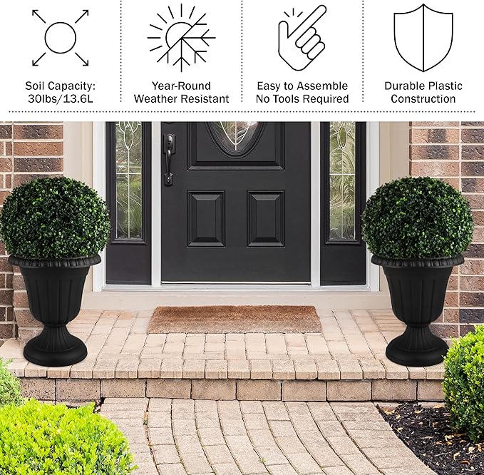 Pure Garden Outdoor Planter 2-Pack - 16x18-Inch Urn Planters - Plastic Plant Pots for Indoor, Outdoor, or Front Porch Decor - Flower Pots (Black)