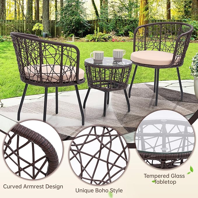 Kromax 3 Piece Bistro Set, Modern Outdoor Wicker Patio Furniture with Tempered Glass Table Top and 2 Chairs, Washable Cushions, Brown Rattan and Begie Cushion