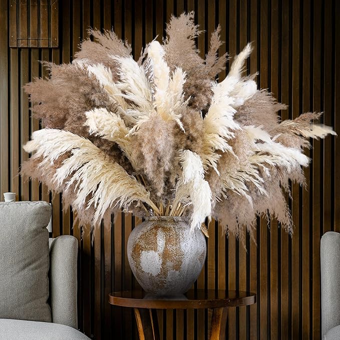 60 PCS Boho Decor, Fluffy Pompas Grass, Natural Dry Pampas Grass Small, Short Pampass Bulk for Boho Room Decor, Coffee Table Decor (17 inch )