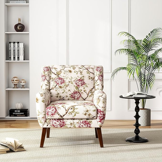 UIXE Floral Accent Chair, Modern Upholstered Armchair in Fabric for Living Room, Comfy Club Arm Chairs Single Sofa Button Tufted Bedroom Reading Seat - Pattern Floral, Set of 4